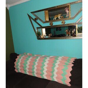Handmade Crochet Pink Aqua & White Chevron Pattern Afghan throw blanket mcm